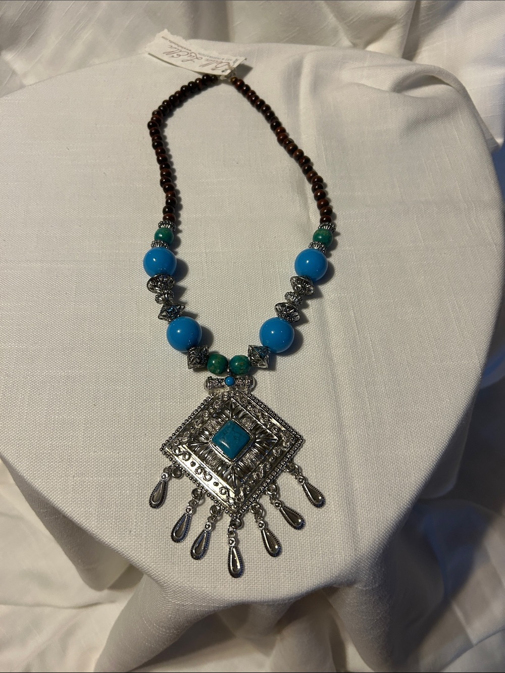 Boho Turquoise Bead Pendant Necklace with Silver-Tone Filigree